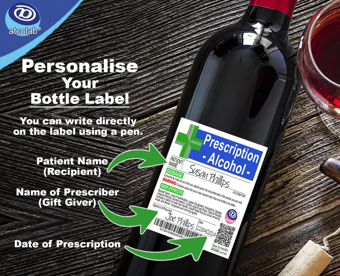 Joke Prescription Alcohol Wine Label - Bottle Gift Bag & Gift Tag - Wine Gin Gifts for Women. Funny Birthday Gift Father's Day Men 18th 21st 30th 40th 50th 60th 70th