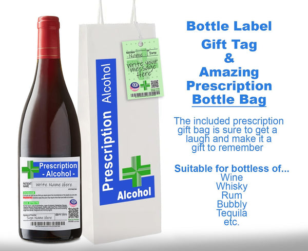 Joke Prescription Alcohol Wine Label - Bottle Gift Bag & Gift Tag - Wine Gin Gifts for Women. Funny Birthday Gift Father's Day Men 18th 21st 30th 40th 50th 60th 70th