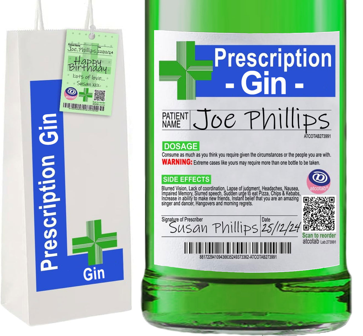 Joke Prescription Gin Bottle Label & Bottle Gift Bag & Gift Tag