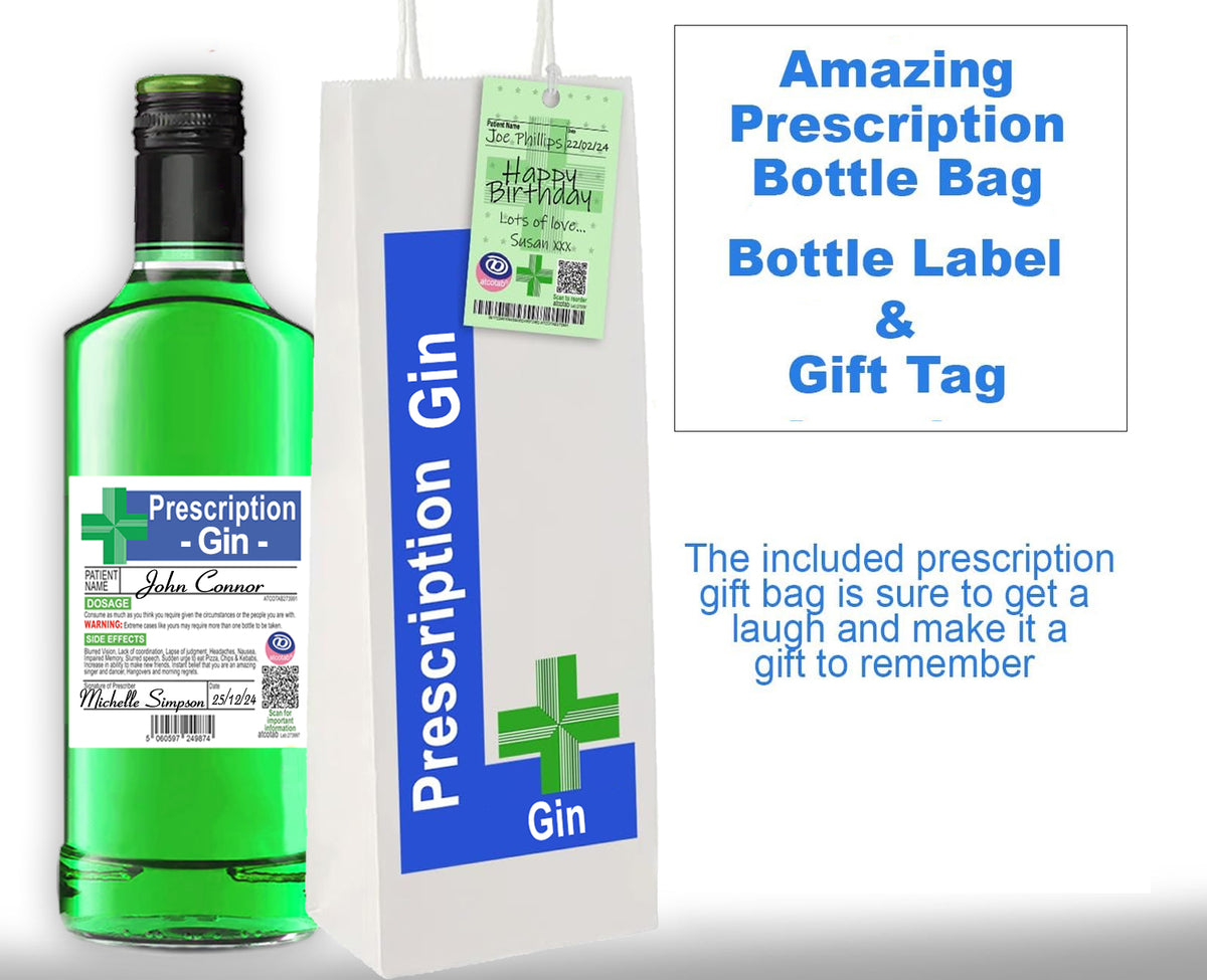 Joke Prescription Gin Bottle Label & Bottle Gift Bag & Gift Tag