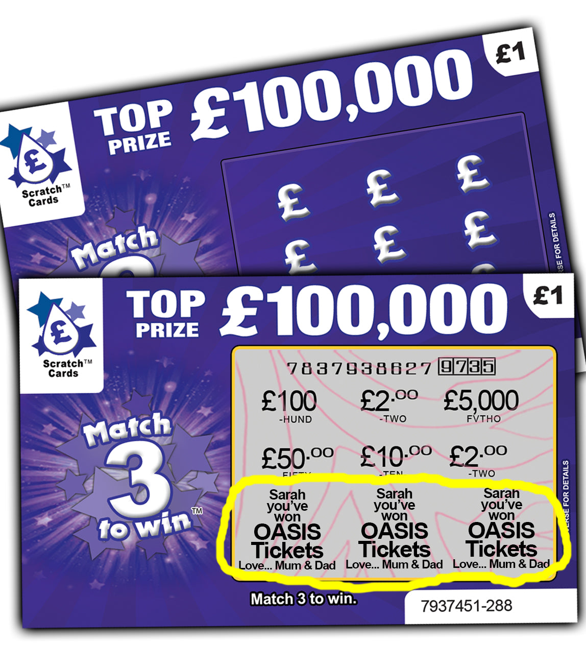 Personalised Scratch Card shows your custom text as the prize