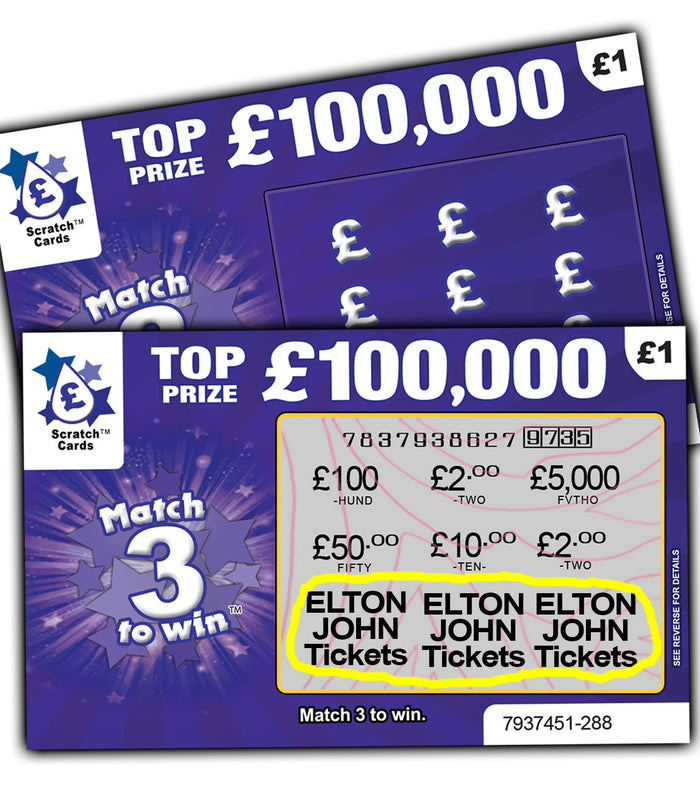 Elton John Tickets as Prize / Xmas Gift Surprise Reveal Scratch Card shows show tickets as prize