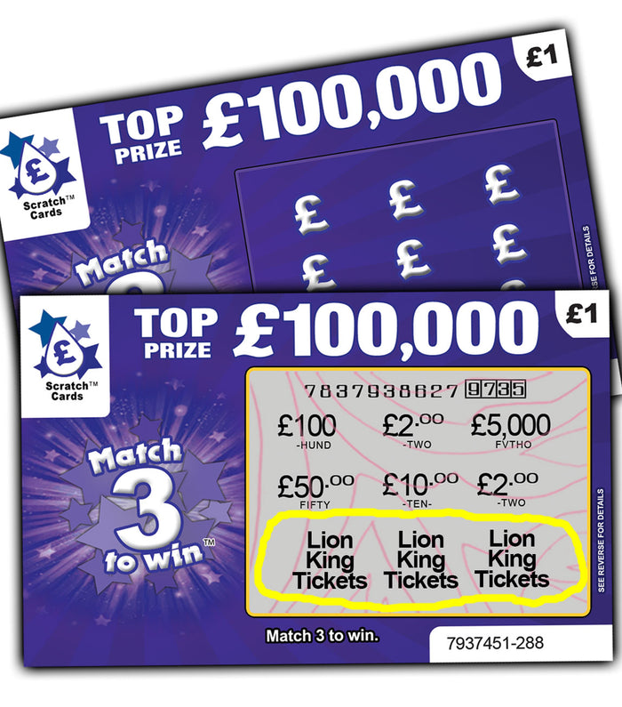 Lion King Tickets as Prize / Xmas Gift Surprise Reveal Scratch Card shows show tickets as prize