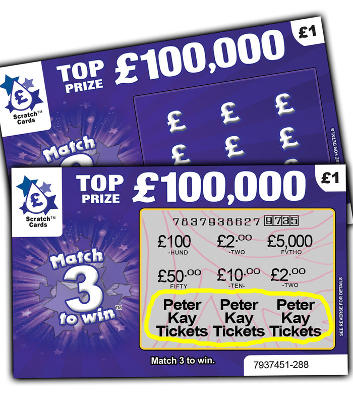 Peter Kay Live Tickets as Prize / Xmas Gift Surprise Reveal Scratch Card shows show tickets as prize